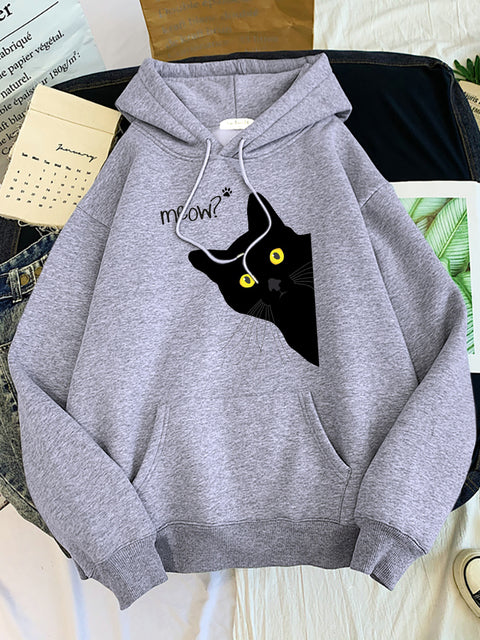 Hoody Big Black Cat Personality Print Hoodie Womens Streetwear Warm Ho -  Only Cat Shirts