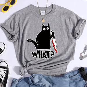 Woman T-Shirt Little Black Cat And Knife Women&#39;s T-Shirts Hip Hop Harajuku T Shirts For Woman Short Sleeve Fashion Tee Shirts