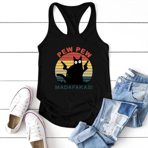 Pew Pew Madafakas Black Cat with Knife Print Funny Tank Top Women Sleeveless Summer Loose Cartoon Vest Harajuku Shirt for Ladies