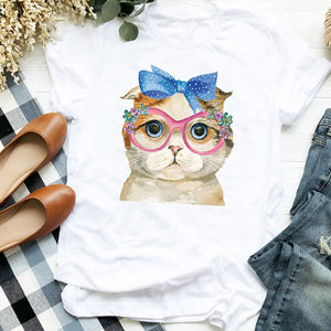 Women Lady Cat Funny Coffee Short Sleeve Cute Print Casual T Tee Womens Tshirt for Female Shirt Clothes Top Graphic T-shirt