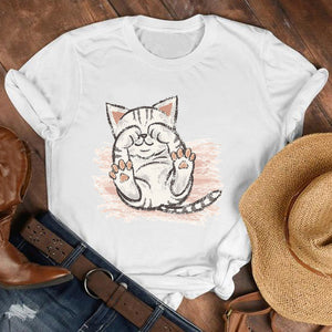 Women Lady Cat Pet Funny Kawaii Casual 90s Style Cartoon Shirt Clothes Tshirt Tee Womens Top Female Print T Graphic T-shirt