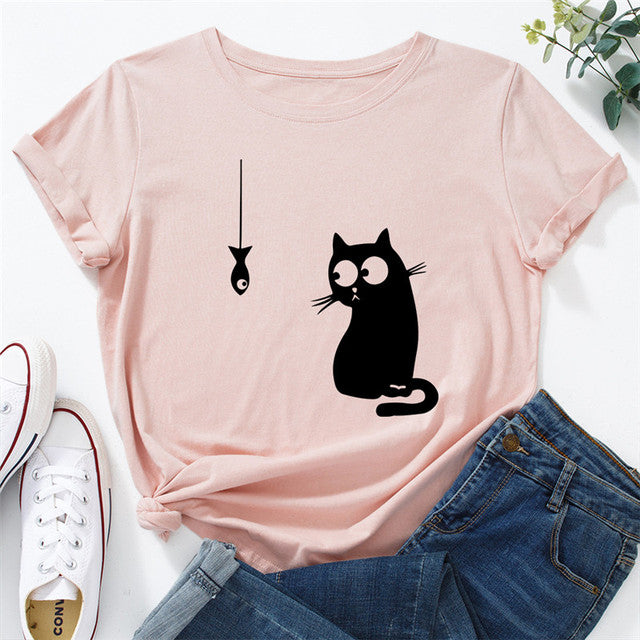 Summer Women's T-shirt Funny Cat Fish Print TShirt Women Clothing -  Only Cat Shirts
